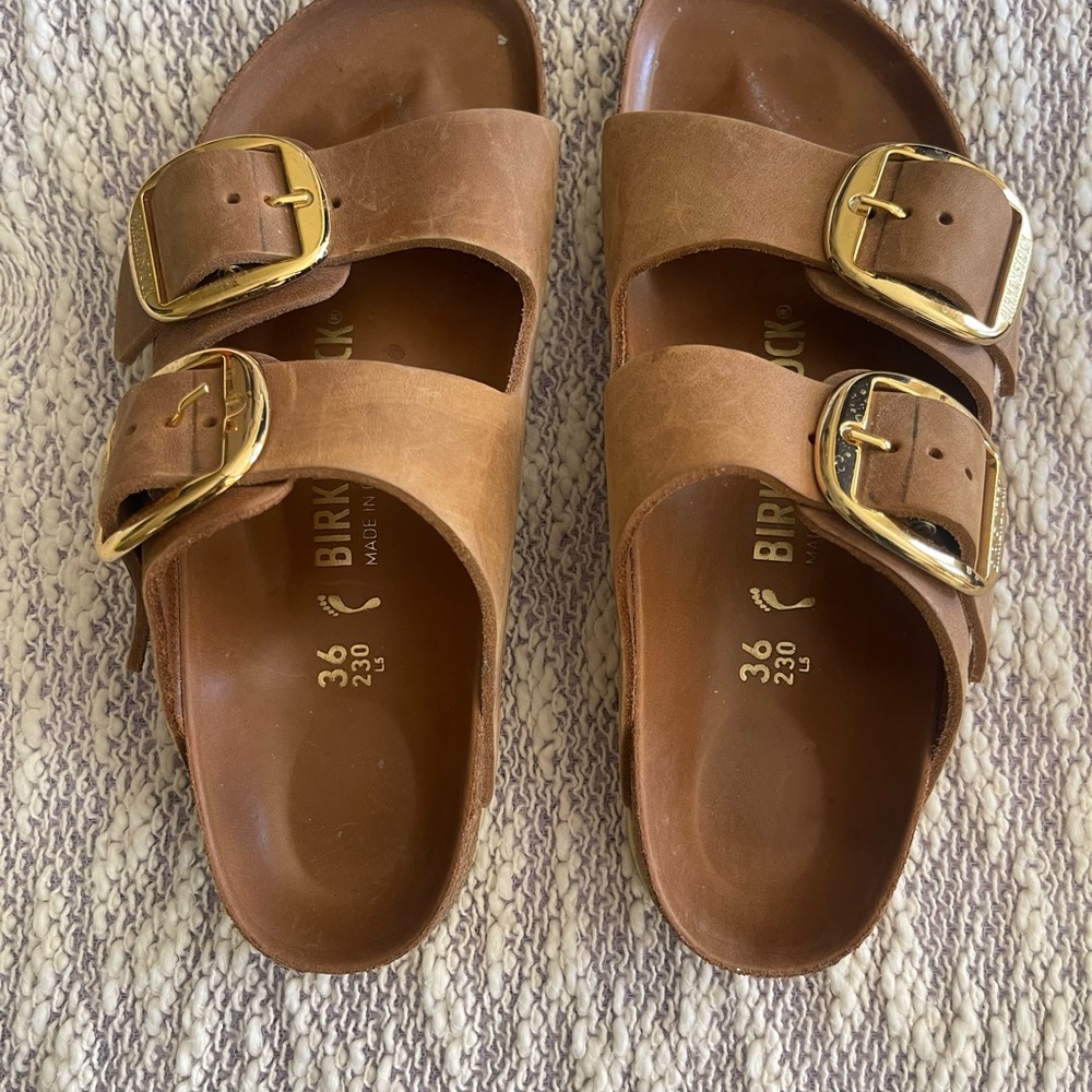Birkenstock Tan Sandals with Gold Buckles